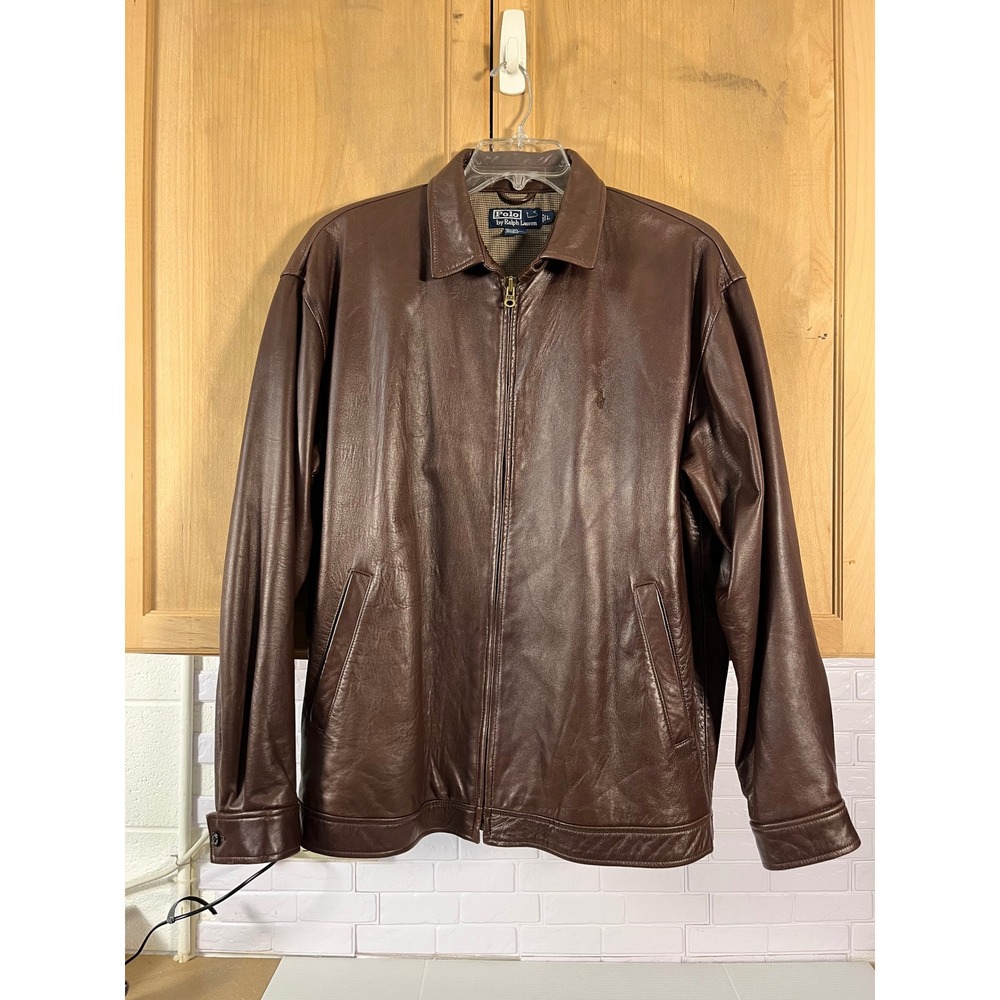 Polo Ralph Lauren Leather Jacket Men Large Brown Full Zip Houndstooth Lining